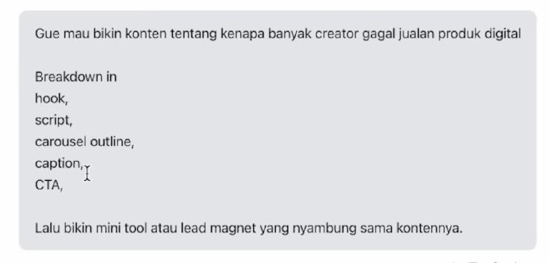 Prompt untuk membuat konten tentang alasan creator gagal jualan produk digital, lengkap dengan hook, script, carousel outline, caption, CTA, dan lead magnet.