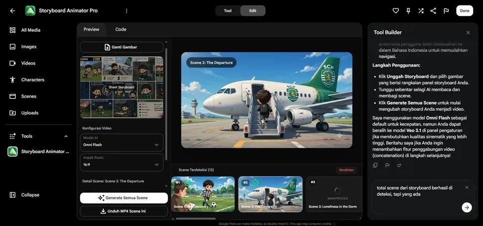 Aplikasi Storyboard Animator Pro menampilkan fitur Tool Builder untuk membuat storyboard video animasi menggunakan model AI Omni Flash dengan panduan penggunaan dalam Bahasa Indonesia.