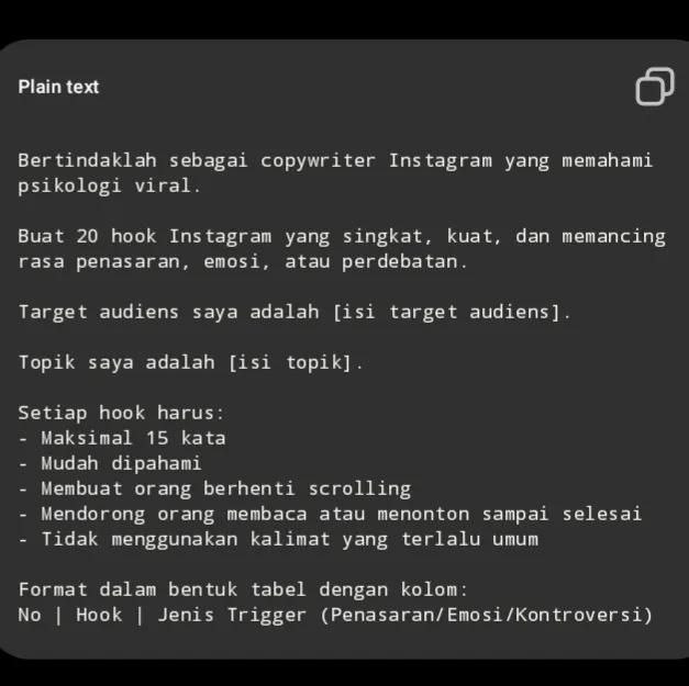 Prompt untuk membuat 20 hook Instagram yang singkat dan viral berdasarkan psikologi penasaran, emosi, atau kontroversi dengan format tabel.