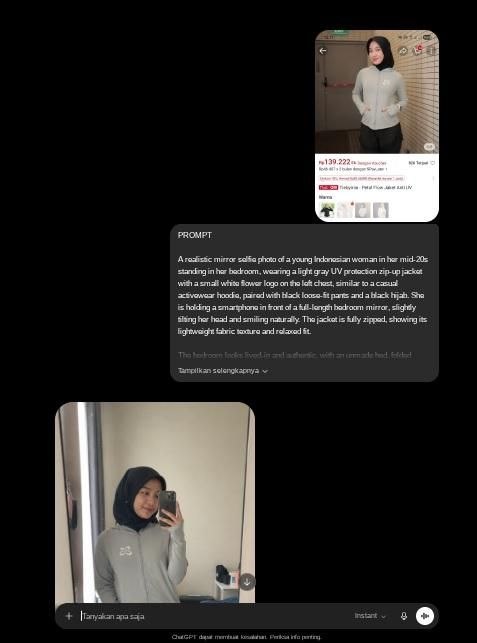 Prompt AI untuk menghasilkan foto selfie realistis wanita Indonesia yang mengenakan jaket hoodie abu-abu, digunakan untuk keperluan listing produk di marketplace.