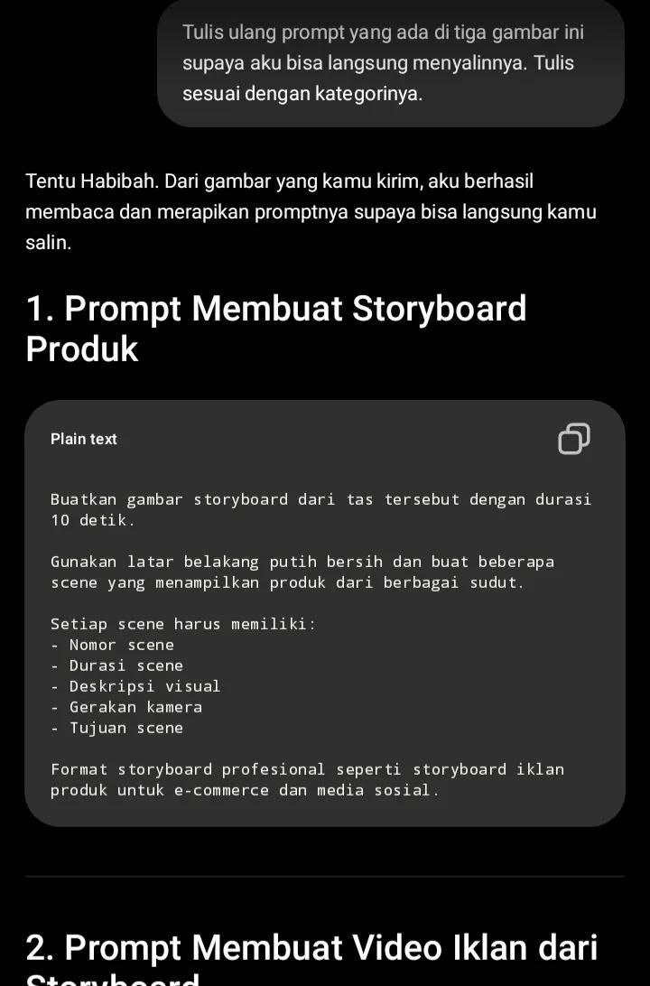 Kumpulan prompt untuk membuat storyboard produk profesional dengan detail scene, durasi, dan gerakan kamera untuk keperluan iklan e-commerce dan media sosial.