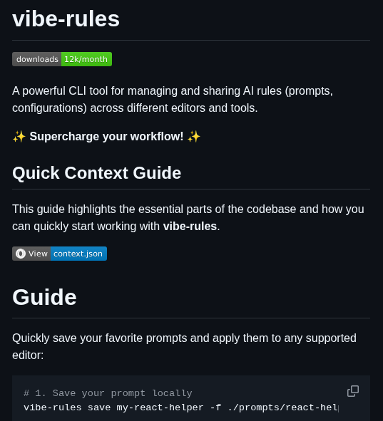 vibe-rules adalah CLI TypeScript open-source untuk menyimpan dan mengelola aturan/prompt AI secara portabel lintas berbagai editor seperti Cursor, Windsurf, Claude Code, dan lainnya.