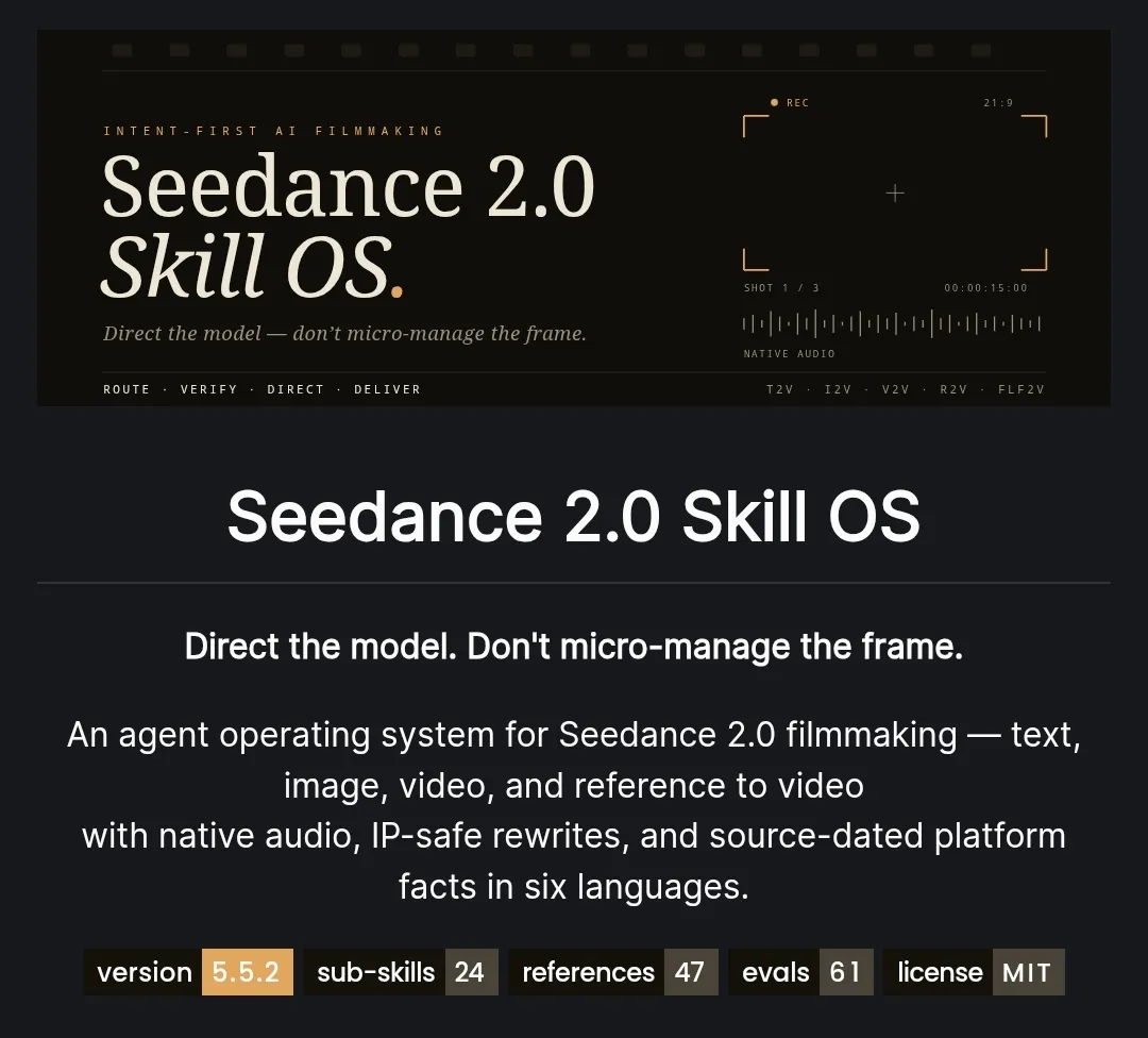 Tersedia skill Seedance 2.0 gratis di GitHub yang mencakup prompt routing, reference handling, dan cinematic workflows yang sudah siap digunakan.