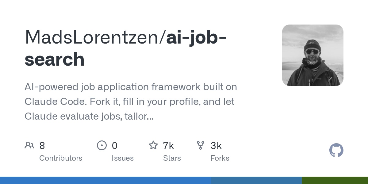 Repo ai-job-search buatan MadsLorentzen menggunakan Claude Code untuk mengotomatisasi proses lamaran kerja mulai dari evaluasi lowongan, kustomisasi CV, cover letter, hingga simulasi interview.