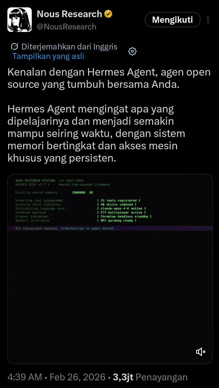 Penjelasan singkat tentang asal-usul Hermes Agent yang dikembangkan oleh Nous Research dan bagaimana konsep AI Agent tersebut berkembang dari otomatisasi trading hingga kebutuhan sehari-hari.