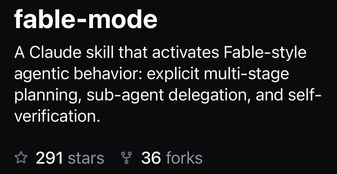 Postingan memperkenalkan Claude Skill yang meniru perilaku Fable, tersedia di GitHub.