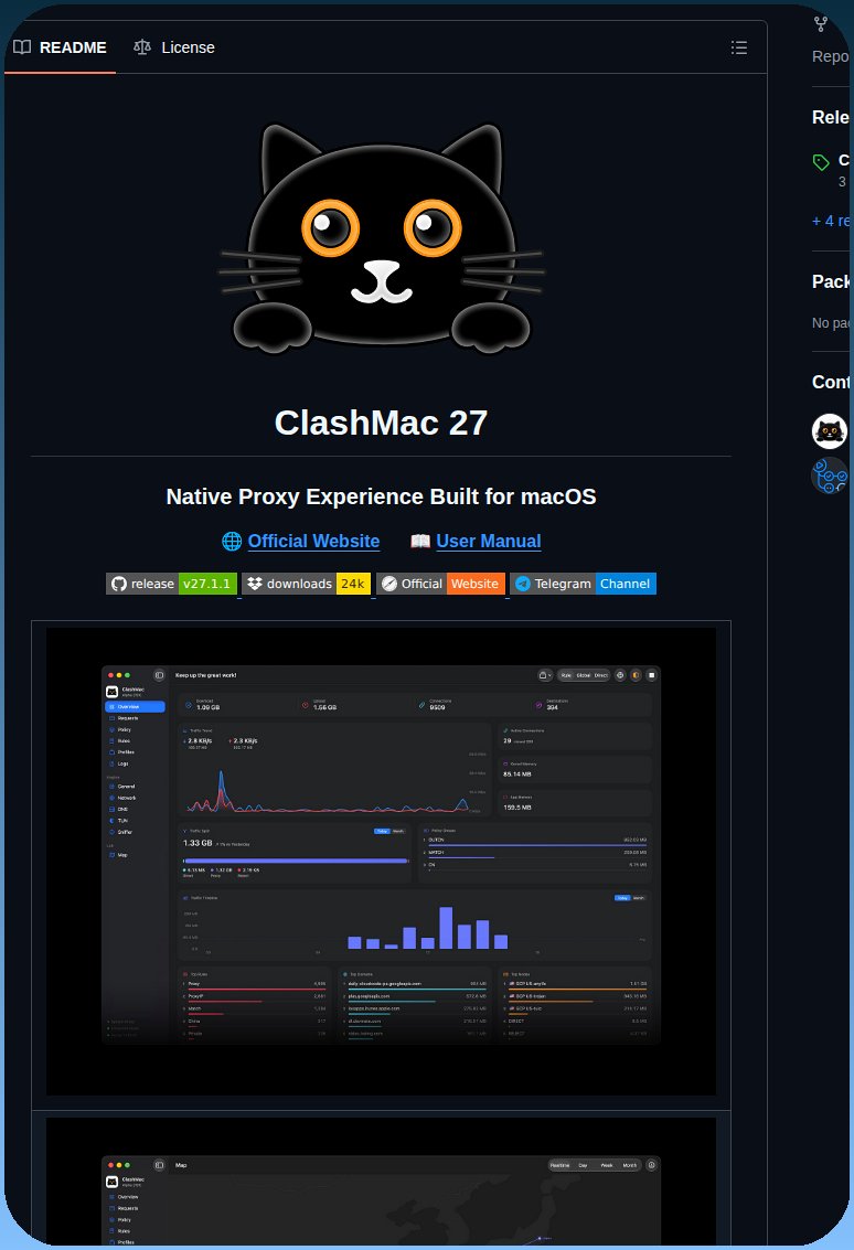 ClashMac 27 adalah aplikasi proxy native macOS yang menyediakan peta rute visual untuk pelacakan lalu lintas global dan dasbor dengan kurva kecepatan.