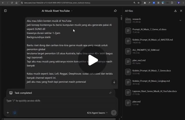 Pengguna berbagi pengalaman menggunakan Kimi Agent Swarm untuk riset niche musik YouTube secara otomatis, menghasilkan file docx berisi genre musik beserta prompt musik dan gambar hanya dalam 5 menit.