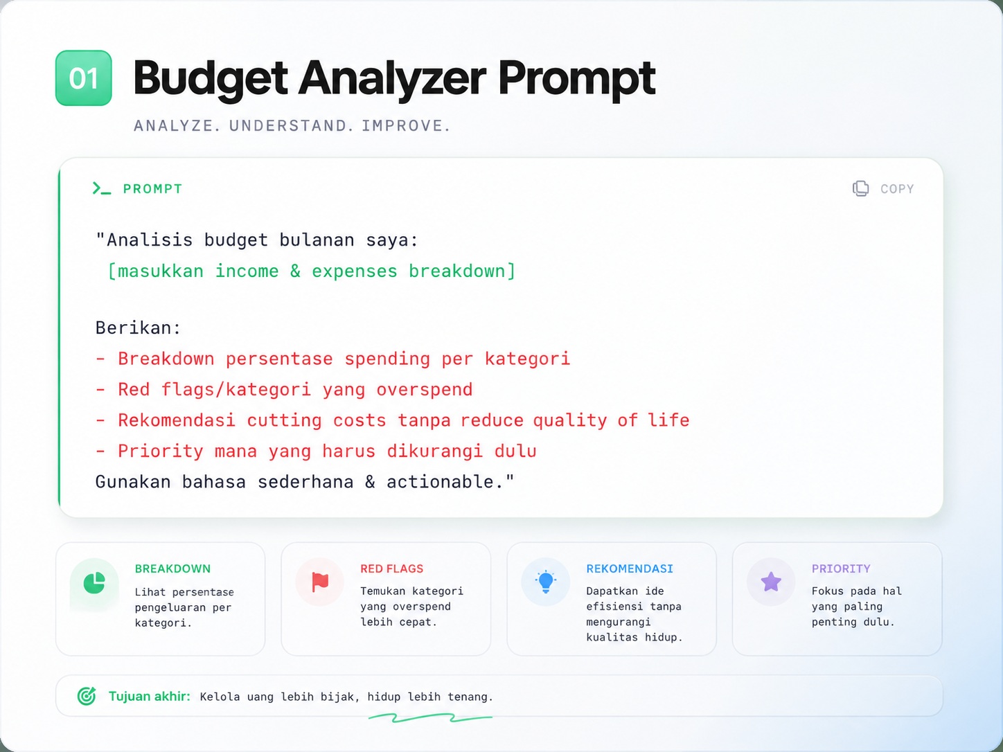Postingan ini membagikan 10 prompt AI yang bisa digunakan untuk mengelola keuangan pribadi, mulai dari analisis anggaran, strategi pelunasan utang, hingga kalkulator dana darurat.